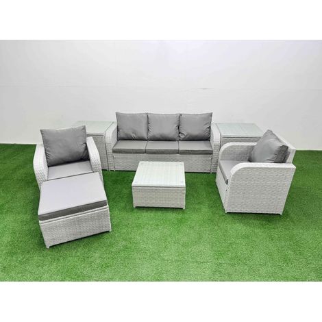 Fimous PE Rattan Garden Furniture Set Reclining Chair Sofa Lounge Sofa Set Square Coffee Table 2 Side Table Big Footstool Light Grey (1/4)