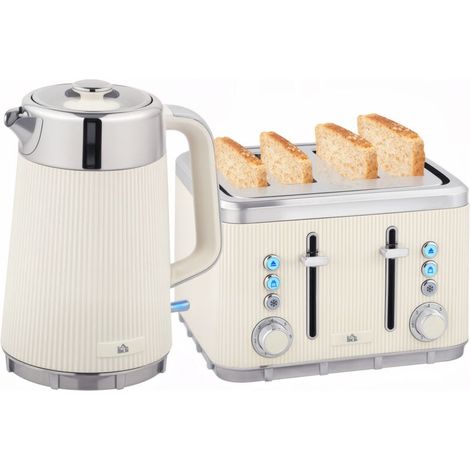 Bouilloire 2200 W, 1,7 L avec fonction ébullition rapide, filtre anticalcaire et grille-pain 4 tranches à 7 niveaux de brunissage, blanc crème (1/5)