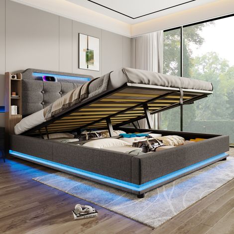 Lit coffre 140x200 cm avec bande lumineuse LED, interface USB + Type-C, tissu en lin, gris(sans matelas) (1/5)