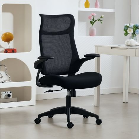 Chaise de bureau ergonomique en plastique noir 64x65x108-118 cm avec dossier maille, têtière, accoudoirs 3D et inclinaison (1/5)