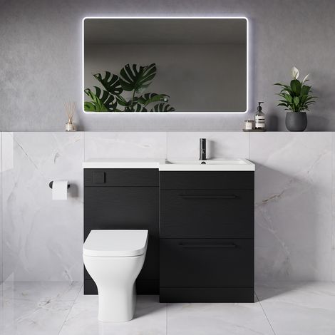 Napoli 390 Nero Oak 1100mm 2 Drawer Vanity Unit Toilet Suite with Square Right Hand Lucia Basin - 1100mm - Matt Black 320mm HandleWith Kingston Toilet Pan and Seat