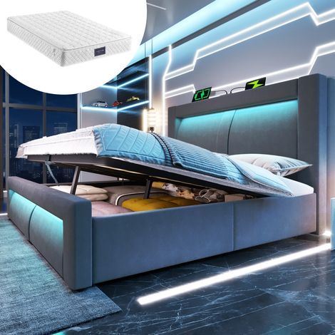 Ensemble sommier et matelas-lit velours integre LED USB-C hydraulique-gris courbe-163x217x107cm et 160x200x25cm (1/5)