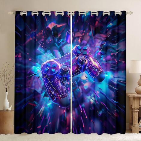 Rideaux de fenêtre néon modernes avec manettes de jeu, boutons de manette de jeu, décoration de chambre d'enfant, chambre à coucher, bleu violet, 2 panneaux, 117 x 183 cm (l x L) - 46W72L inch2 (1/5)