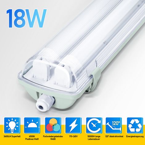 Wolketon Réglette LED étanche pour Tube LED T8 Réglette lumineuse LED IP65 120cm 2 x 18W blanc froid