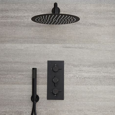 Hudson Reed – Kit de douche encastrable thermostatique – Mitigeur en laiton noir mat – Pommeau rond Ø30cm – Douchette anti-calcaire – Sécurité anti-brûlure (1/5)