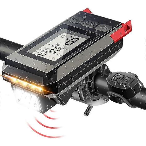 Phare de vélo 4 en 1 avec écran LCD, compteur de vitesse et klaxon, rechargeable par USB. (1/5)