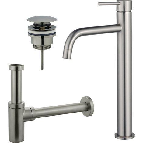 Fortifura Calvi Slim Kit mitigeur lavabo - robinet rehaussé - bonde clic clac - siphon design - PVD Inox brossé (1/2)
