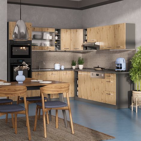 Cuisine en angle R-Line, Chêne Artisan/Anthracite, 247 x 237 cm, PT Anthracite, Vicco