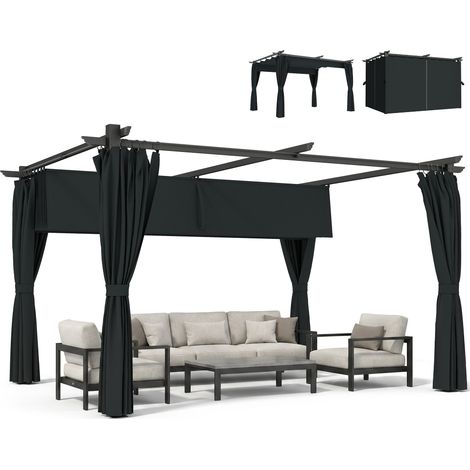 Pergola rétractable 4x3 m aluminium et métal avec rideau coulissant polyester 180 g/m², abri terrasse gris foncé (1/5)