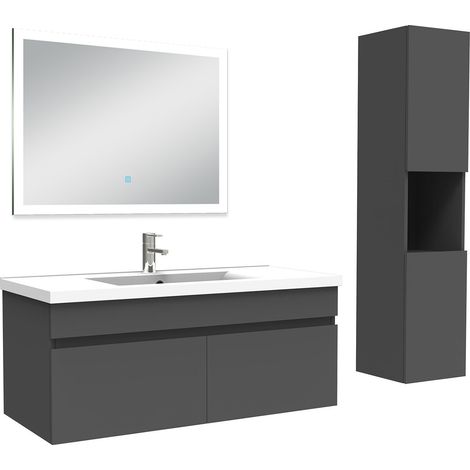Ocean Ensemble meuble Salle de Bain 100cm avec vasque + colonne + miroir lumineux dimmable anthracite
