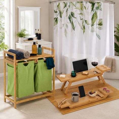 Set completo da bagno in bambù (5 pezzi) – Cestino estraibile, tappetino da bagno, mensola da bagno e mensola per specchio (1/5)