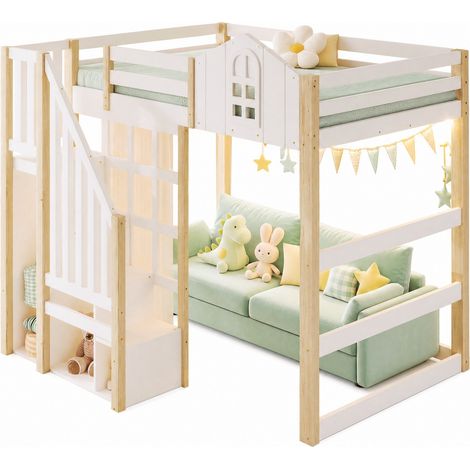 Letto a soppalco 140x200 cm con LED, finestra decorativa, scala contenitore, vano aperto e tenda in garza, bianco e naturale CHICFURN (1/5)