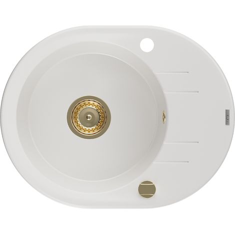 Mexen Kevin lavello in granito monovasca con sgocciolatoio 586 x 458 mm, bianco, sifone dorato - 6517581005-20-G (1/5)