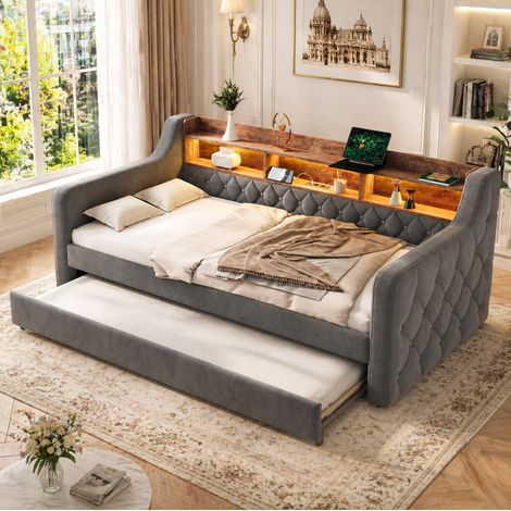 MEUBLIV Lit 90x190 cm gris fonce – avec LED, USB-C et rangement, sans matelas (1/5)