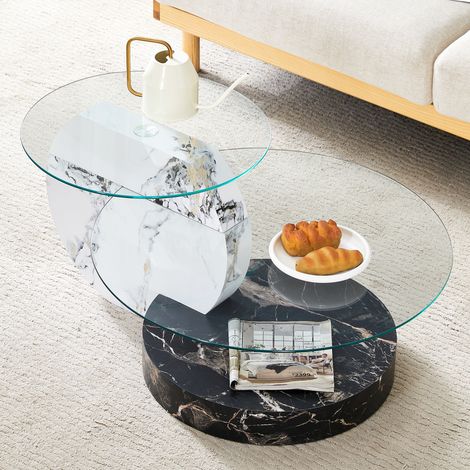 Tavolino da caffè 90x70x44 cm, con 2 ripiani in vetro, tavolino da salotto, tavolo rotondo, in MDF, bianco e nero, per soggiorno