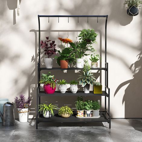 Blumenständer, 3 Etagen, 6 Haken, Indoor & Outdoor, Metallrahmen, 170H x 110L x 50B cm, Schwarz