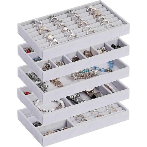 Plateau de rangement pour bijoux, lot de 5 organisateurs empilables en velours pour tiroir, présentoirs et rangements pour bijoux (1/5)