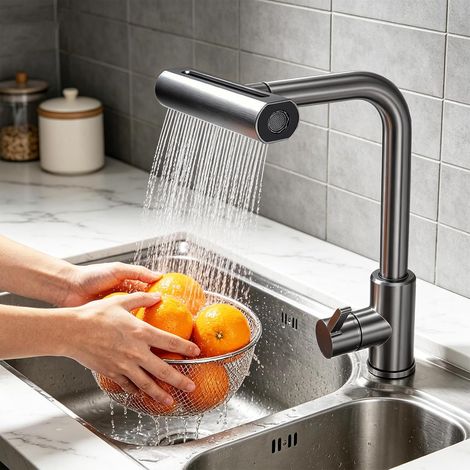 Robinet de Cuisine Rétractable – Mitigeur Évier 360° en Inox 304 Brossé, 4 Modes de Jet (Mousse/Lame/Pluie/Cascade), Douchette Extractible 60 cm (1/5)