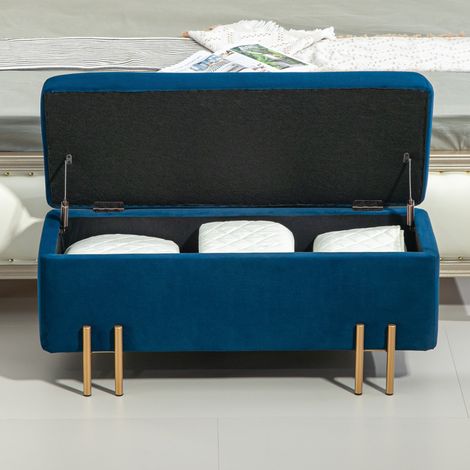 Sitzbank mit Stauraum, Truhenbank für Schlafzimmer mit Gepolsterter Sitzfläche und Metallfüßen, Holz Blau (1/5)