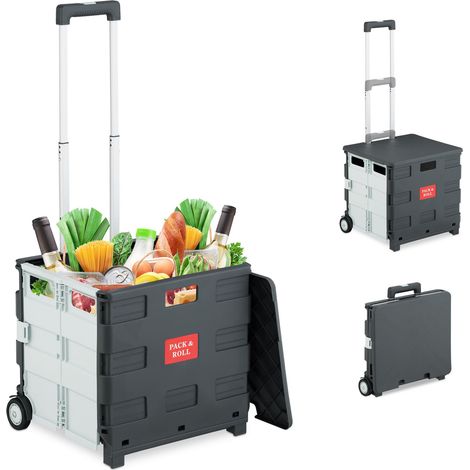 Relaxdays Carro de la Compra Plegable, Carrito de Transporte con Ruedas y Asa Telescópica, hasta 35 kg, Blanco/Gris