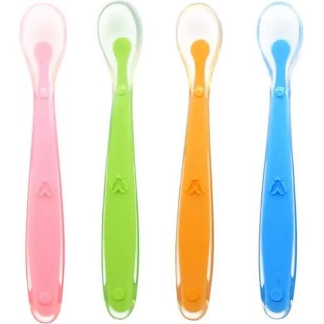Lot de 4 cuillères bébé en silicone – Embout souple – Sans BPA – Dès 3-4 mois – Pour premières bouchées (1/5)