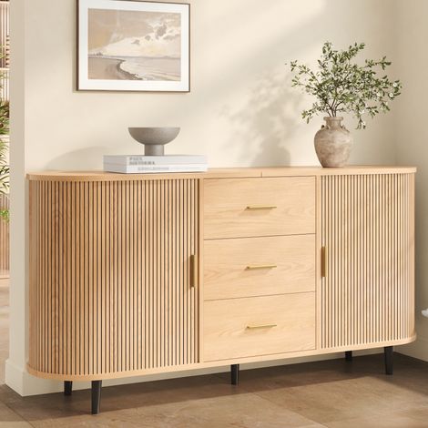 Credenza 160x40x80.5 cm mobile buffet da soggiorno con ante scorrevoli e 3 cassetti in mdf stile moderno cannettato - naturale (1/5)