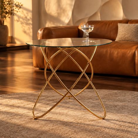 Table à manger ronde en verre trempé, Ø 80 x H 75 cm, pieds en métal doré DESVIAE (1/5)