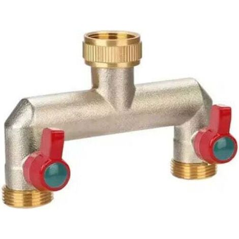 Brass Garden Tap Splitter, 1/2" and 3/4" Hose Splitter, 2-Way Tap Hose Connector with Valves and Extended Handle, Mounts on Two Water Timers