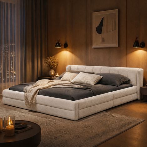 Cama 160x200 cm de chenilla con cabecero cómodo, beige DESVIAE (1/5)