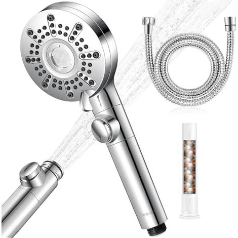 Pommeau de Douche, Pomme de Douche Anti Calcaire Grand Economie Deau, 5+1 Types de Jets, Lance à Haute Pression, Arrêt d'eau à une Touche(Pommeau Douche+Tuyau1,5m-G1/2) (1/5)