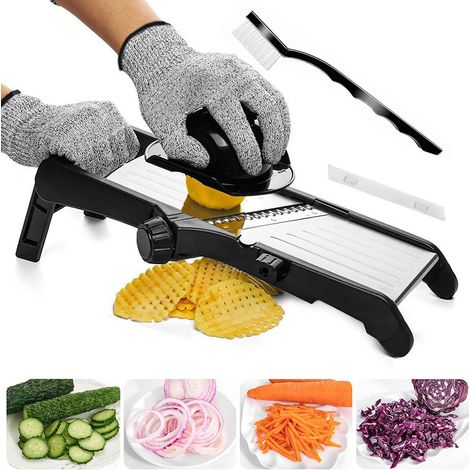 Mandolina profesional de acero inoxidable, cortador de verduras multifuncional con grosor ajustable, mandolina japonesa con guantes y cepillo de dientes. (1/5)