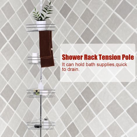 Barre de tension métallique réglable pour coin de douche, étagère de rangement à 4 paniers (1/5)