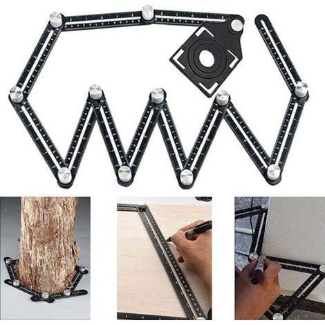 Règle de Mesure Multi Angle 12 Côtés pour Carrelage avec 3 Ouvertures de Positionnement Outil Métal Noir