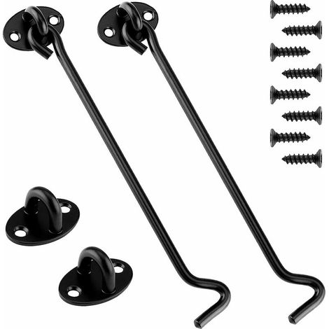 Hook and Yeigh Loquet noir 8 pouces Cabine de cabine et oeil 2pcs Porte de porte en métal Crochet de porte de la porte Heavy Duty Cabinet loquets pour porte la porte vitrée (1/5)