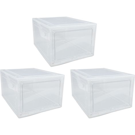 Caisson de rangement chaussures épais ouverture latérale gain de place transparent empilable organisateur pliable portachaussures bac support pour chaussures vêtements 3 pièces (1/5)