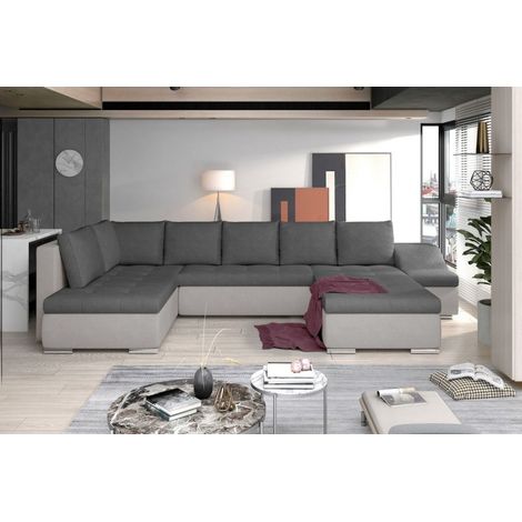 Canapé panoramique convertible JONAZ simili cuir, tissu - Rangement integré A droite-Gris/Gris foncé-Méridienne A droite (1/5)