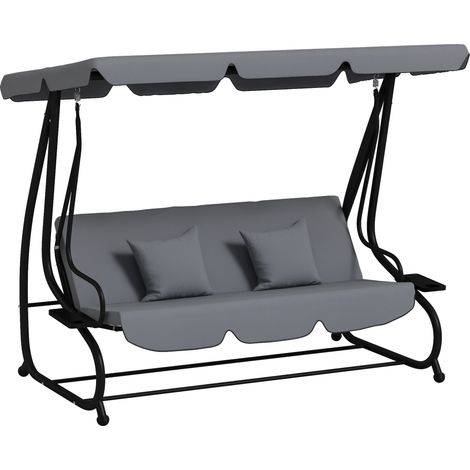 Balancelle de jardin 3 places convertible toit inclinaison réglable 2 tablettes 2 x 1,2 x 1,64 m acier gris foncé