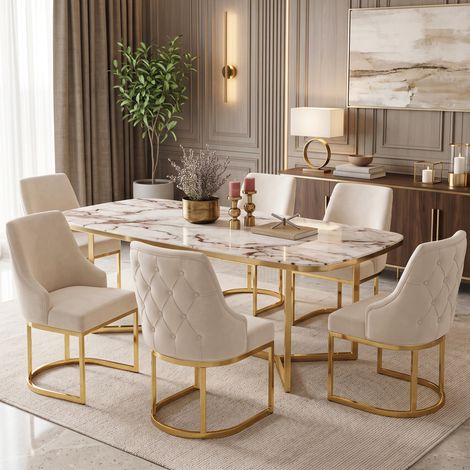 Set de 6 sillas de comedor de terciopelo beige y dorado, modernas, con patas de metal galvanizado (1/5)