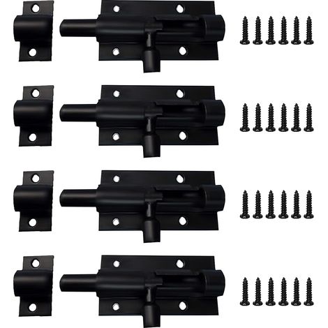 4 Pcs Verrou Targette, Noir Verrou de Porte en Acier Inoxydable, Verrou Loquet Interieure, Serrure de Porte de Garage, Verrouillage du Coulissant de Porte, Loquet Coulissant (1/5)