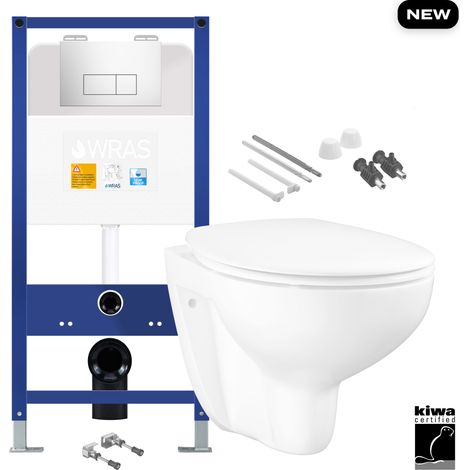 Gloss White Wall Hung Toilet with 1.10m Concealed Cistern Frame Set - Polished Chrome Plate (1/4)