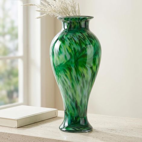 Vase en verre vert de 50,8 cm de hauteur, soufflée à la bouche, grande vase de sol en verre, décoration intérieure, jolies et modernes vases à fleurs vert foncé, grands vases élégants pour le salon (1/5)