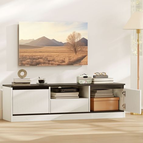Meuble TV TV Jusqu'à 60", 2 Armoires, 1 Étagère Ouverte, 1 Tiroir, 140x35x40 cm, Noir et Blanc (1/5)