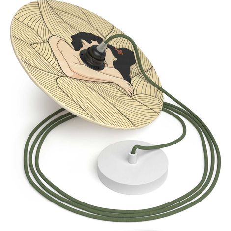 creative cables - Lampada a sospensione Made in Italy completa di cavo tessile, paralume in legno UFO double-face e finiture in metallo