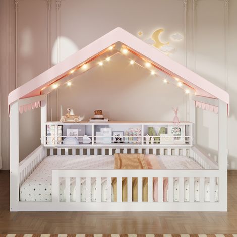 Lit au sol enfant 140x200 cm, lit à baldaquin avec guirlande LED, bibliothèque et barrière de sécurité, structure en Bois,blanc (1/5)