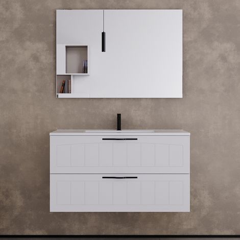 Meuble de salle de bain 100cm simple vasque - 2 tiroirs - blanc - PIA (1/5)