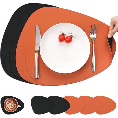 Set de table double face antidérapant, lavable et imperméable, noir et orange, lot de 6. (1/5)