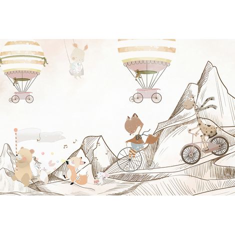 Papier peint panoramique Enfants - Animaux Montgolfières - 195 cm x 130 cm (1/2)