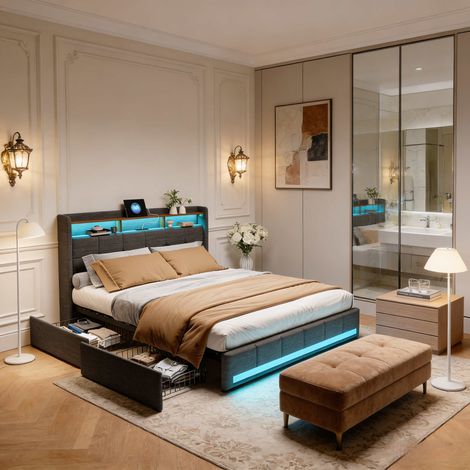 Letto contenitore 180x200 cm con 4 cassetti, LED regolabile e USB-C, letto imbottito in lino beige, rete a doghe