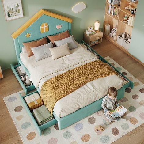 Lit enfant 140x200 cm, lit cabane, capitonné, bleu-vert, lit enfant avec 4 tiroirs, lit avec rangement pour chambre d'enfant, lit junior en velours français, lit capitonné avec tête de lit en forme de (1/5)