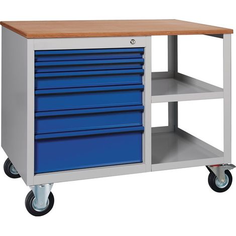 Werkbank PW700 B885xT700xH805mm Buche Multipl. lichtgrau/enzianblau 2 Schubl.